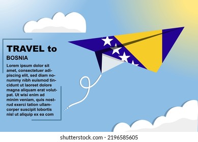 Bosnia and Herzegovina travel vector banner with paper flag and text space, Bosnia country flag on paper plane, holiday and vacation concept, summer travel template and pattern, flight ticket idea