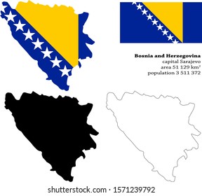 Bosnia and Herzegovina vector map, flag, borders, mask , capital, area and population infographic