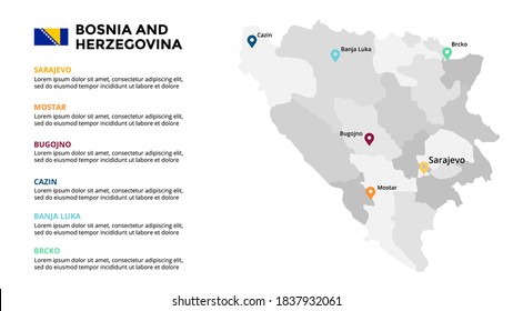  Bosnien und Herzegowina, Vektorgrafik-Vorlage für Infografiken. Präsentation verschieben. Weltweites Unternehmensmarketing-Konzept. Farbe Europa Land. Geografische Daten des Weltverkehrs. 