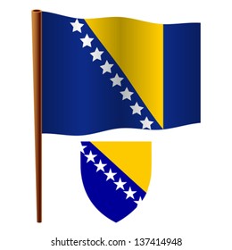 bosnia and herzegovina wavy flag and coat of arms against white background, vector art illustration, image contains transparency