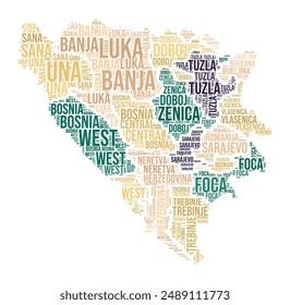 Bosnia and Herzegovina Word Cloud. Country shape with region division. Bosnia and Herzegovina typography style image. Region names tag clouds. Vector illustration.