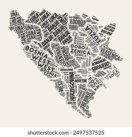 Bosnia and Herzegovina Word Cloud. Country with regions division. Bosnia and Herzegovina typographic text clouds vector image design. Vintage gazette style country shape image.