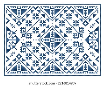 Bosnia and Herzegovina's traditional folk art pattern - Zmijanje cross-stitch style vector ractangle design. Balkan geometric heritage ornament in frame, old hand-made background in dark blue on white