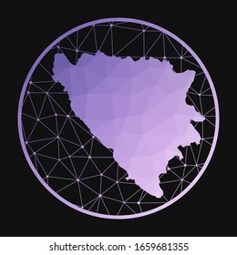 Bosnia icon. Vector polygonal map of the country. Bosnia icon in geometric style. The country map with purple low poly gradient on dark background.