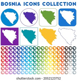 Bosnia icons collection. Bright colourful trendy map icons. Modern Bosnia badge with country map. Vector illustration.