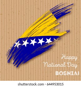 Bosnia Independence Day Patriotic Design. Expressive Brush Stroke in National Flag Colors on kraft paper background. Happy Independence Day Bosnia Vector Greeting Card.