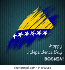 Bosnia Independence Day Patriotic Design. Expressive Brush Stroke in National Flag Colors on dark striped background. Happy Independence Day Bosnia Vector Greeting Card.