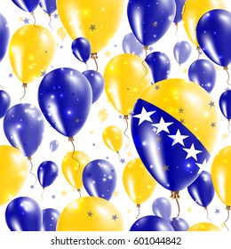 Bosnia Independence Day Seamless Pattern. Flying Rubber Balloons in Colors of the Bosnian, Herzegovinian Flag. Happy Bosnia Day Patriotic Card with Balloons, Stars and Sparkles.