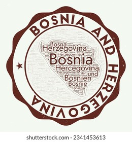 Bosnia logo. Beautiful country badge with word cloud in shape of Bosnia. Round emblem with country name. Attractive vector illustration.