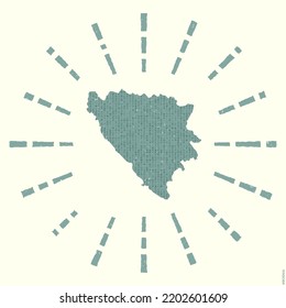 Bosnia Logo. Grunge sunburst poster with map of the country. Shape of Bosnia filled with hex digits with sunburst rays around. Artistic vector illustration.