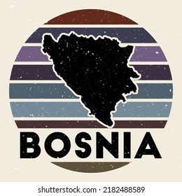 Bosnia logo. Sign with the map of country and colored stripes, vector illustration. Can be used as insignia, logotype, label, sticker or badge of the Bosnia.