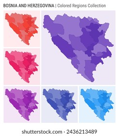 Bosnia map collection. Country shape with colored regions. Deep Purple, Red, Pink, Purple, Indigo, Blue color palettes. Border of Bosnia with provinces for your infographic. Vector illustration.