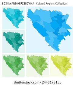 Bosnia map collection. Country shape with colored regions. Light Blue, Cyan, Teal, Green, Light Green, Lime color palettes. Border of Bosnia with provinces for your infographic. Vector illustration.