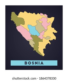 Bosnia map. Country poster with regions. Shape of Bosnia with country name. Artistic vector illustration.