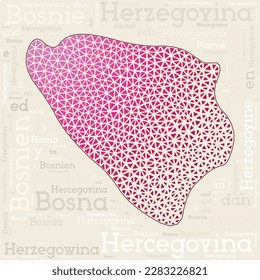 BOSNIA map design. Country names in different languages and map shape with geometric low poly triangles. Attractive vector illustration of Bosnia.