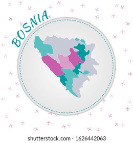 Bosnia map design. Map of the country with regions in emerald-amethyst color palette. Rounded travel to Bosnia poster with country name and airplanes background. Artistic vector illustration.