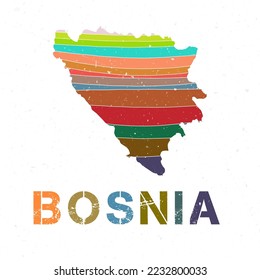 Bosnia map design. Shape of the country with beautiful geometric waves and grunge texture. Artistic vector illustration.