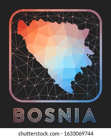 Bosnia map design. Vector low poly map of the country. Bosnia icon in geometric style. The country shape with polygonal gradient and mesh on dark background.