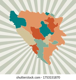 Bosnia map. Poster with map of the country in retro color palette. Shape of Bosnia with sunburst rays background. Vector illustration.