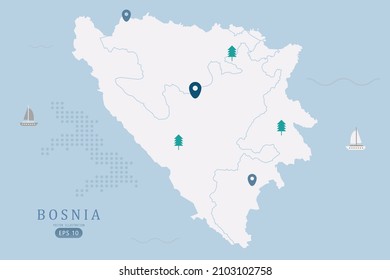 Bosnia Map - World Map International vector template High detailed with white color isolated on blue background including simple point of location, tree, boat icon - Vector illustration eps 10