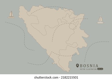 Bosnia Map - World Map International vector template High detailed with brown color isolated on grey background including simple point of location, wind, boat icon - Vector illustration eps 10