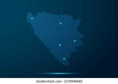 Mapa de Bosnia - Plantilla vectorial del Mapa Mundial con puntos, rejilla, grunge, estilo y luz de medio tono, línea de red, esfera de diseño sobre fondo de tecnología azul - Ilustración vectorial eps 10