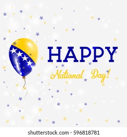 Bosnia National Day patriotic poster. Flying Rubber Balloon in Colors of the Bosnian, Herzegovinian Flag. Bosnia National Day background with Balloon, Confetti, Stars, Bokeh and Sparkles.