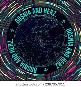 Bosnia on globe. Satelite view of the world centered to Bosnia. Bright neon style. Futuristic radial bricks background. Elegant vector illustration.