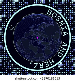 Bosnia on globe vector. Futuristic satelite view of the world centered to Bosnia. Geographical illustration with shape of country and squares background. Bright neon colors on dark background.