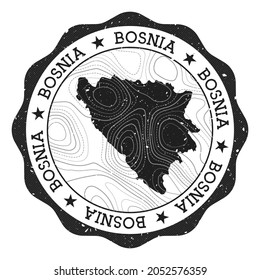 Bosnia outdoor stamp. Round sticker with map of country with topographic isolines. Vector illustration. Can be used as insignia, logotype, label, sticker or badge of the Bosnia.