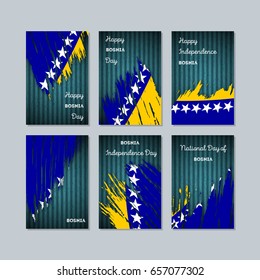 Bosnia Patriotic Cards for National Day. Expressive Brush Stroke in National Flag Colors on dark striped background. Bosnia Patriotic Vector Greeting Card.