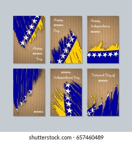 Bosnia Patriotic Cards for National Day. Expressive Brush Stroke in National Flag Colors on kraft paper background. Bosnia Patriotic Vector Greeting Card.