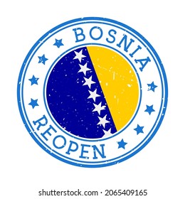 Bosnia Reopening Stamp. Round badge of country with flag of Bosnia. Reopening after lock-down sign. Vector illustration.