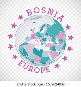 Bosnia round logo. Badge of country with map of Bosnia in world context. Country sticker stamp with globe map and round text. Powerful vector illustration.