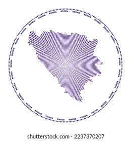 Bosnia round logo. Digital style shape of Bosnia in dotted circle with country name. Tech icon of the country with gradiented dots. Artistic vector illustration.