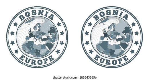 Bosnia round logos. Circular badges of country with map of Bosnia in world context. Plain and textured country stamps. Vector illustration.