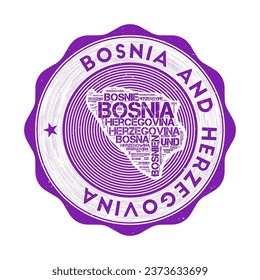 Bosnia seal. Country round logo with shape of Bosnia and country name in multiple languages wordcloud. Beautiful emblem. Authentic vector illustration.