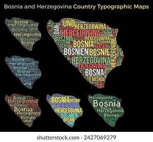 Bosnia. Set of typography style country illustrations. Bosnia map shape build of horizontal and vertical country names. Vector illustration.