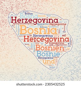 Bosnia shape with country names word cloud in multiple languages. Bosnia border map on attractive triangles scattered around. Creative vector illustration.