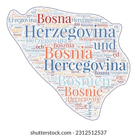 Bosnia shape filled with country name in many languages. Bosnia map in wordcloud style. Attractive vector illustration.