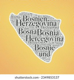 Bosnia shape formed by country name in multiple languages. Bosnia border on stylish striped gradient background. Vibrant poster. Authentic vector illustration.