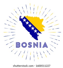 Bosnia sunburst badge. The country sign with map of Bosnia with Bosnian, Herzegovinian flag. Colorful rays around the logo. Vector illustration.