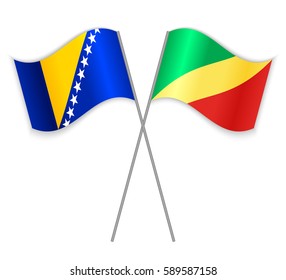 Bosnian and Congolese crossed flags. Bosnia and Herzegovina combined with Republic of the Congo isolated on white. Language learning, international business or travel concept.