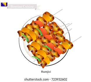 Bosnian Cuisine, Raznjici or Traditional Grilled Beef, Pork, Lamb, Chicken or Meat Barbecue on Skewers. One of The Most Famous Dish of Bosnia and Herzegovina.