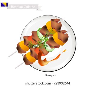 Bosnian Cuisine, Raznjici or Traditional Grilled Beef, Pork, Lamb, Chicken or Meat Barbecue on Skewers. One of The Most Famous Dish of Bosnia and Herzegovina.
