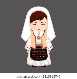 Bosnian female cartoon character in traditional ethnic dress. Woman in national costume. Bosnia and Herzegovina. Isolated flat vector illustration.