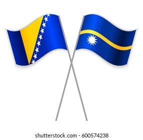 Bosnian and Nauruan crossed flags. Bosnia and Herzegovina combined with Nauru isolated on white. Language learning, international business or travel concept.