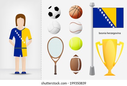 Bosnian sportswoman with sport equipment collection vector illustrations