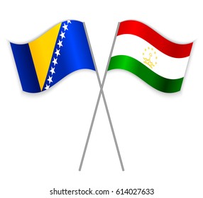 Bosnian and Tajikistani crossed flags. Bosnia and Herzegovina combined with Tajikistan isolated on white. Language learning, international business or travel concept.