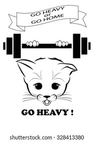 Boso, calm and happy kitten, darling of fortune. He holds heavy barbell over his head and ready to go further. He is strong and concentrated. Black vector illustration isolated on white background.